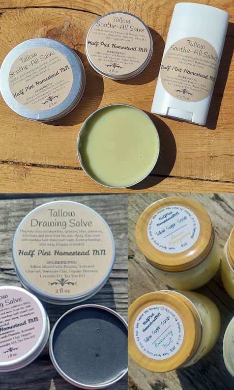 Minnesota handmade bath and body products, lotion bars, shampoo bars, and liquid soaps, drawing salve, sugar scrub, soothing salve Half Pint Homestead, MN